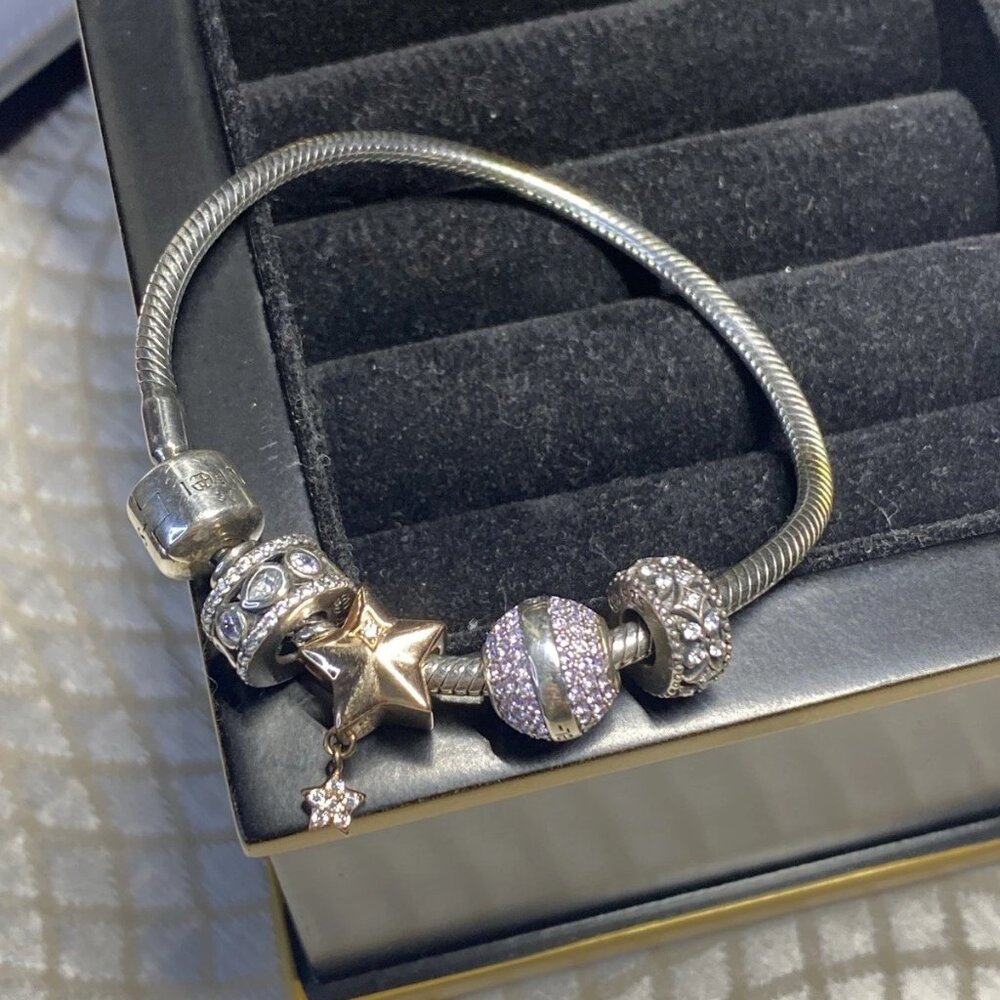 SOUFEEL 925 Sterling Silver Charm Bracelet 7” w/ Multiple Signed CZ Charms